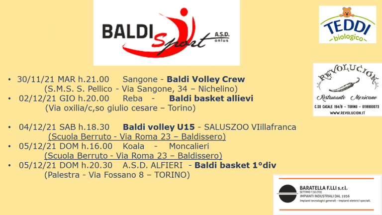 Programma partite della settimana 29 Novembre – 5 Dicembre